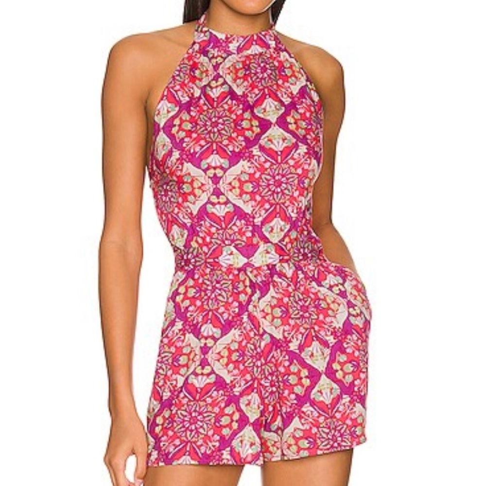 NWT Free People Coral Tides High Neck Floral Romper, Hollyhock Combo, Sz Large